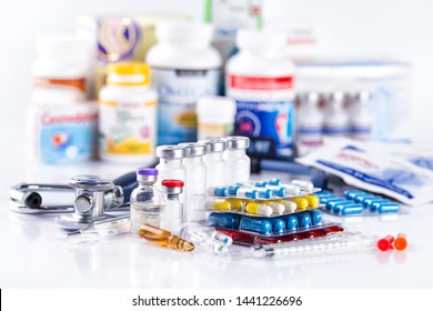 Drug prescription for treatment medication. Pharmaceutical medicament, cure in container for health. Pharmacy theme, capsule pills with medicine antibiotic in packages. - Shutterstock ID 1441226696