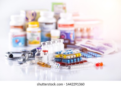 Drug prescription for treatment medication. Pharmaceutical medicament, cure in container for health. Pharmacy theme, capsule pills with medicine antibiotic in packages. - Shutterstock ID 1442291360