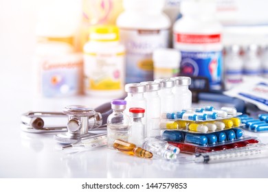 Drug prescription for treatment medication. Pharmaceutical medicament, cure in container for health. Pharmacy theme, capsule pills with medicine antibiotic in packages. - Shutterstock ID 1447579853