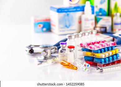 Drug prescription for treatment medication. Pharmaceutical medicament, cure in container for health. Pharmacy theme, capsule pills with medicine antibiotic in packages. - Shutterstock ID 1452259085