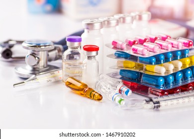 Drug prescription for treatment medication. Pharmaceutical medicament, cure in container for health. Pharmacy theme, capsule pills with medicine antibiotic in packages. - Shutterstock ID 1467910202