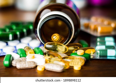 Drug prescription for treatment medication. Pharmaceutical medicament, cure in container for health. Pharmacy theme, capsule pills with medicine antibiotic in packages. - Shutterstock ID 1898898112