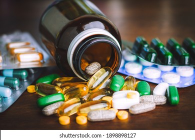 Drug prescription for treatment medication. Pharmaceutical medicament, cure in container for health. Pharmacy theme, capsule pills with medicine antibiotic in packages. - Shutterstock ID 1898898127