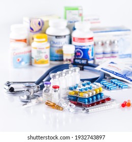Drug prescription for treatment medication. Pharmaceutical medicament, cure in container for health. Pharmacy theme, capsule pills with medicine antibiotic in packages. - Shutterstock ID 1932743897