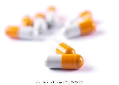 Drug prescription for treatment medication. Pharmaceutical medicament,  Pharmacy theme, Heap of orange white medicament