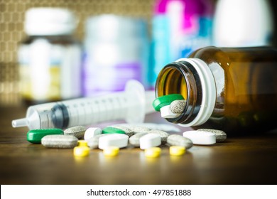Drug prescription for treatment medication. Pharmaceutical medicament, cure in container for health. Pharmacy theme, capsule pills with medicine antibiotic in packages.  - Shutterstock ID 497851888