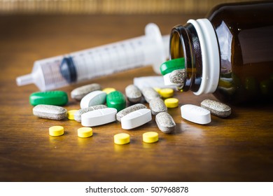 Drug prescription for treatment medication. Pharmaceutical medicament, cure in container for health. Pharmacy theme, capsule pills with medicine antibiotic in packages.  - Shutterstock ID 507968878