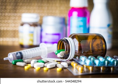 Drug prescription for treatment medication. Pharmaceutical medicament, cure in container for health. Pharmacy theme, capsule pills with medicine antibiotic in packages.  - Shutterstock ID 544348294