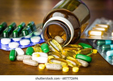 Drug prescription for treatment medication. Pharmaceutical medicament, cure in container for health. Pharmacy theme, capsule pills with medicine antibiotic in packages. - Shutterstock ID 687772696