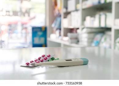 Drug Prescription For Treatment Medication. Pharmaceutical Medicament, Cure In Container For Health With Counter Store Table Pharmacy Background