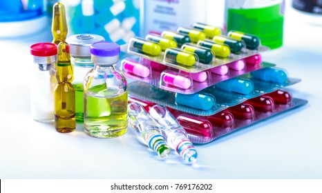 Drug prescription for treatment medication. Pharmaceutical medicament, cure in container for health. Pharmacy theme, capsule pills with medicine antibiotic in packages. - Shutterstock ID 769176202