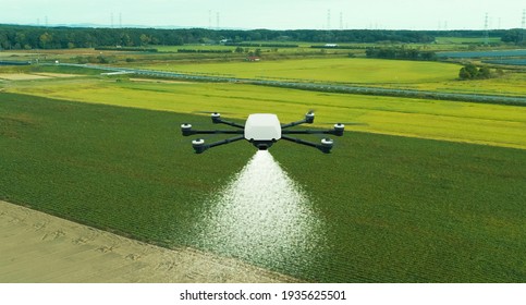 Drug spraying using a drone concept. Smart agriculture. 3D rendering.