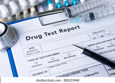 Drug test report, Medical stethoscope with clipboard and black pen