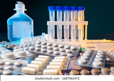 Drug Testing. Concept - Checking On The Authenticity Of Medicines. Laboratory For The Study Of Medical Devices. Dropper And Test Tubes. Concept - Pharmaceutical Labalatoriya. Drug Manufacturing