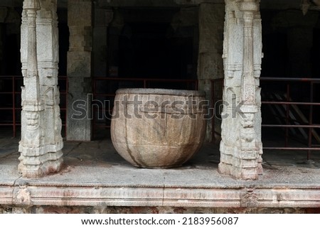 A drum carved out of stone in a cloistered corridor of Virupaksha Temple,Hampi, Karnataka.