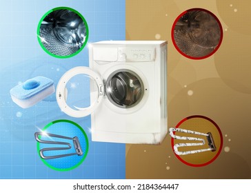 Drum And Heating Element Of Washing Machine Before And After Using Water Softener Tablet, Collage