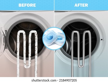 Drum And Heating Element Of Washing Machine Before And After Using Water Softener Tablets, Collage