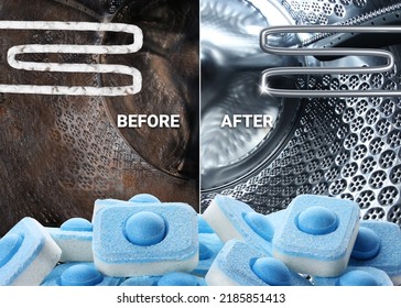 Drum And Heating Element Of Washing Machine Before And After Using Water Softener Tablets, Collage