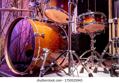 Drum Kit, Drums In The Studio On A Beautiful Background. Close Up.