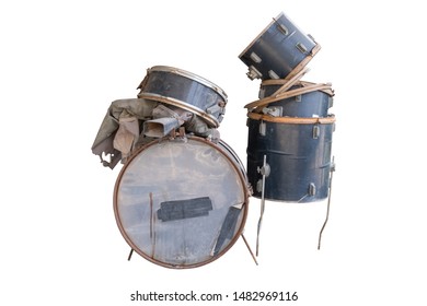 Drum Kit Old Broken Isolated On White Background. Have Clipping Path