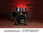 Drum kit on red gradient background. Musical instruments