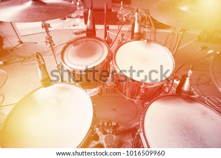 Drum kit in the studio closeup, drummer poin of view