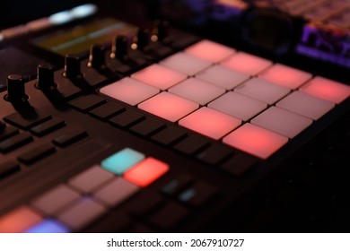 Drum machine on concert stage. Beat maker audio equipment to play and produce beats and electronic musical tracks