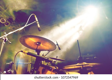 Drum On Stage.Live Music And Instruments.Musical Performance On Stage.Recreation And Music Show