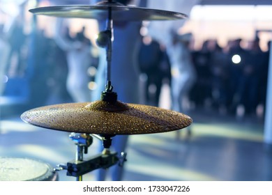 Drum Set Close Up At A Concert. High Hat With Water Drops