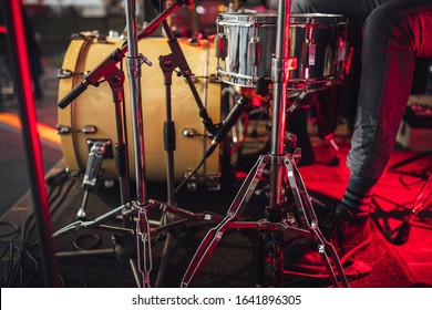 Drum set in close up view on stage, drummer playing set on stage 