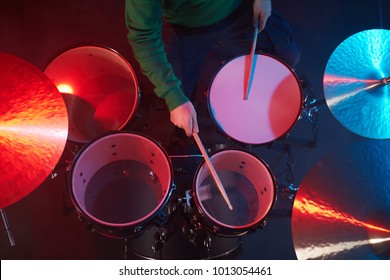 The Drum Set On The Stage. Drummer. View From Above.