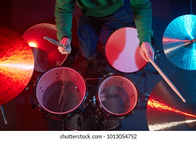 The Drum Set On The Stage. Drummer. View From Above.