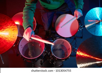 The Drum Set On The Stage. Drummer. View From Above.