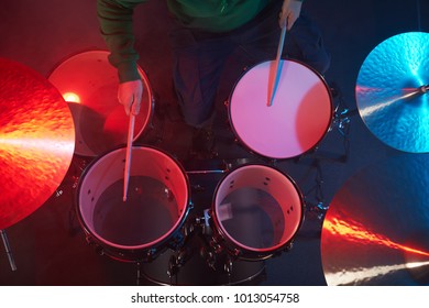 The Drum Set On The Stage. Drummer. View From Above.