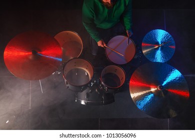 The Drum Set On The Stage. Drummer. View From Above.