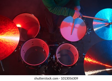 The Drum Set On The Stage. Drummer. View From Above.