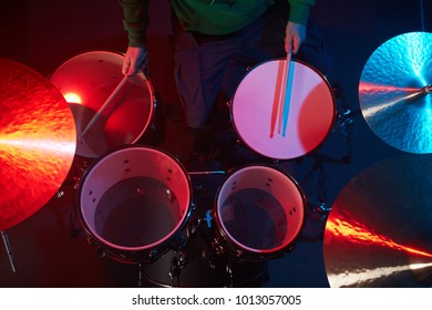 The Drum Set On The Stage. Drummer. View From Above.