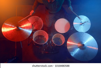 The Drum Set On The Stage. Drummer. View From Above.