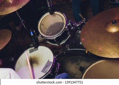 The Drum Set On The Stage. Drummer. View From Above.