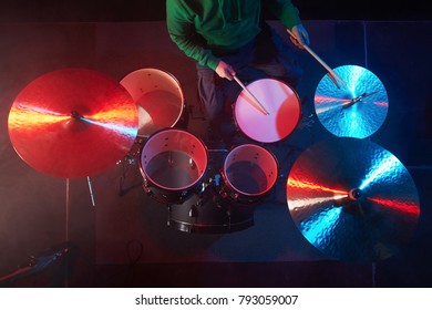 The Drum Set On The Stage. Drummer. View From Above.