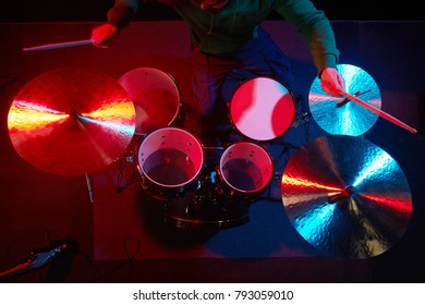 The Drum Set On The Stage. Drummer. View From Above.