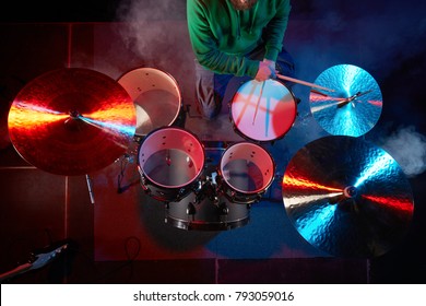 The Drum Set On The Stage. Drummer. View From Above.