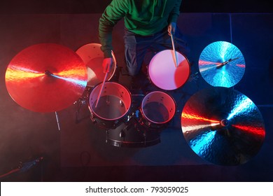 The Drum Set On The Stage. Drummer. View From Above.