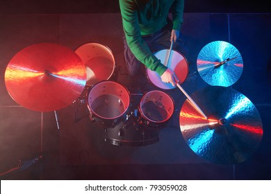 The Drum Set On The Stage. Drummer. View From Above.