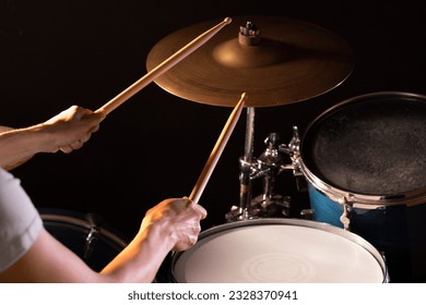 Drum set in studio. Drums. Drum kit. musical concept background. musical instruments. Studio shot of a percussion drum set. copy space.