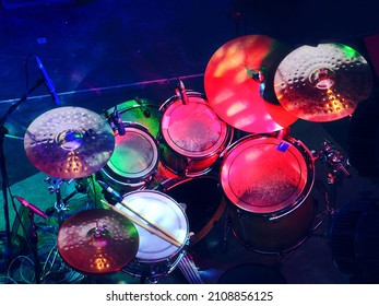 A Drum Set That Has Been Heavily Used In Concerts. Vivid Color. Top View