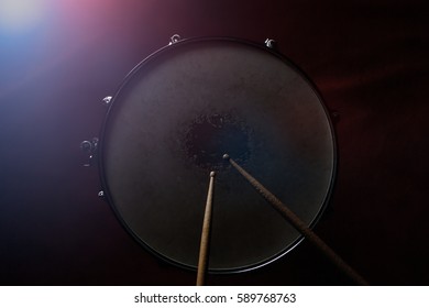 The Drum Sticks And Snare Drum In Low Light Background, Top View.