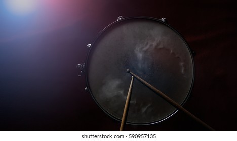 The Drum Sticks And Snare Drum In Low Light Background, Top View.