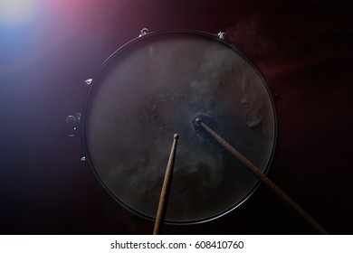 The Drum Sticks And Snare Drum In Low Light Background, Top View.