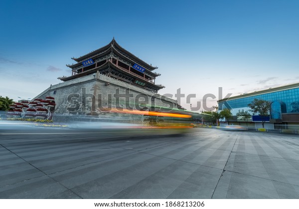  drum
tower in dawn, the largest existing drum tower in hexi corridor,
chinese characters on plaque of pavilion, inscriptions by  people
in ancient times, gansu province,
China